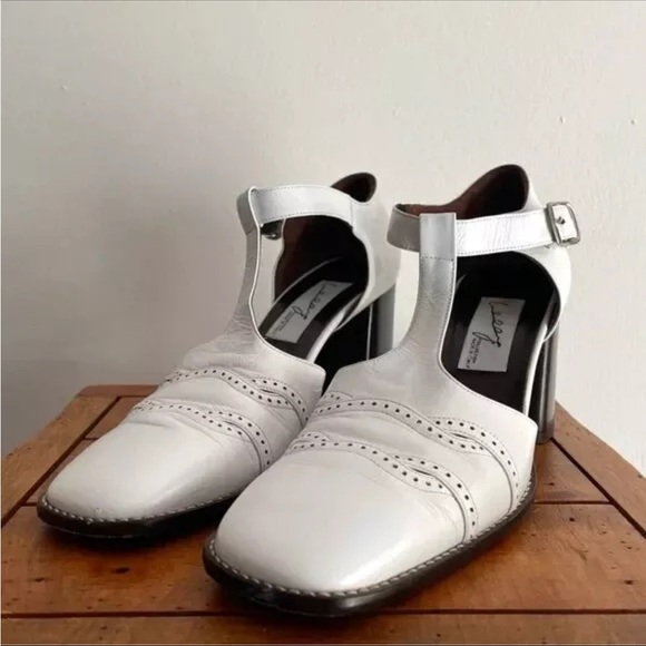 Vintage White Italian Leather T-strap Stacked Buckle Chunky Heel Shoes 36 - Picture 5 of 11
